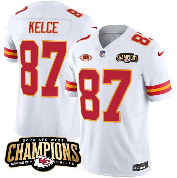 Men & Women & Youth Kansas City Chiefs #87 Travis Kelce White 2023 F.U.S.E. AFC West Champions With NKH Patch Vapor Untouchable Limited Jersey